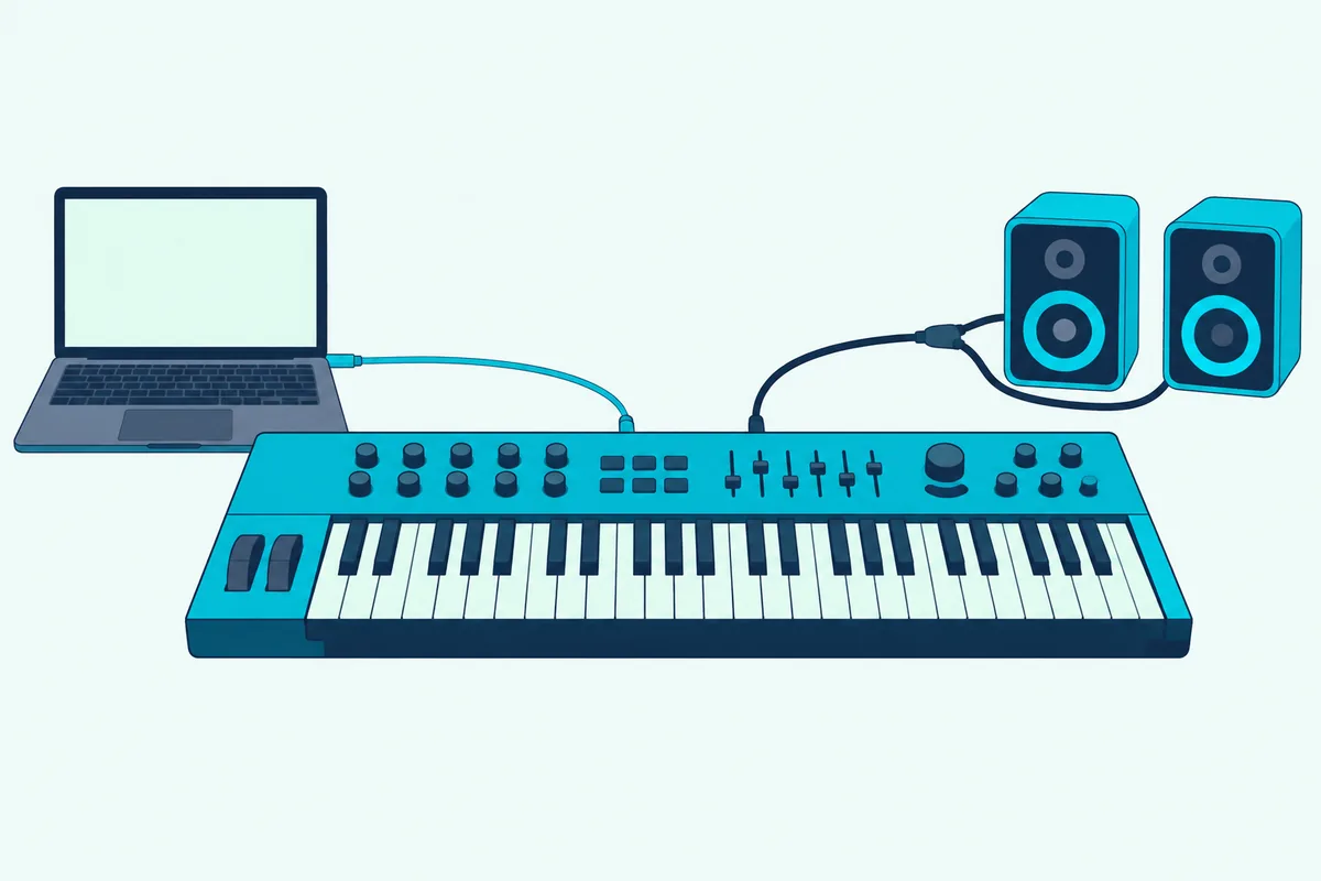 A synthesizer with a thin cable to an open laptop and a thicker cable to a pair of small speakers
