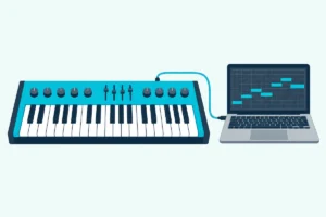 A synthesizer with knobs and sliders and one cable from its back edge to an open laptop showing note bars