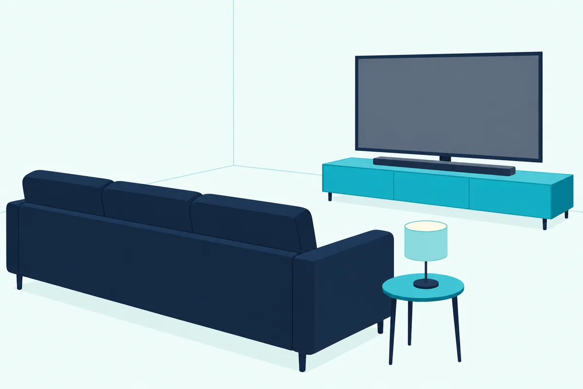 Small table lamp lit beside an empty sofa in a calm living room, with a soundbar under a blank TV across the room