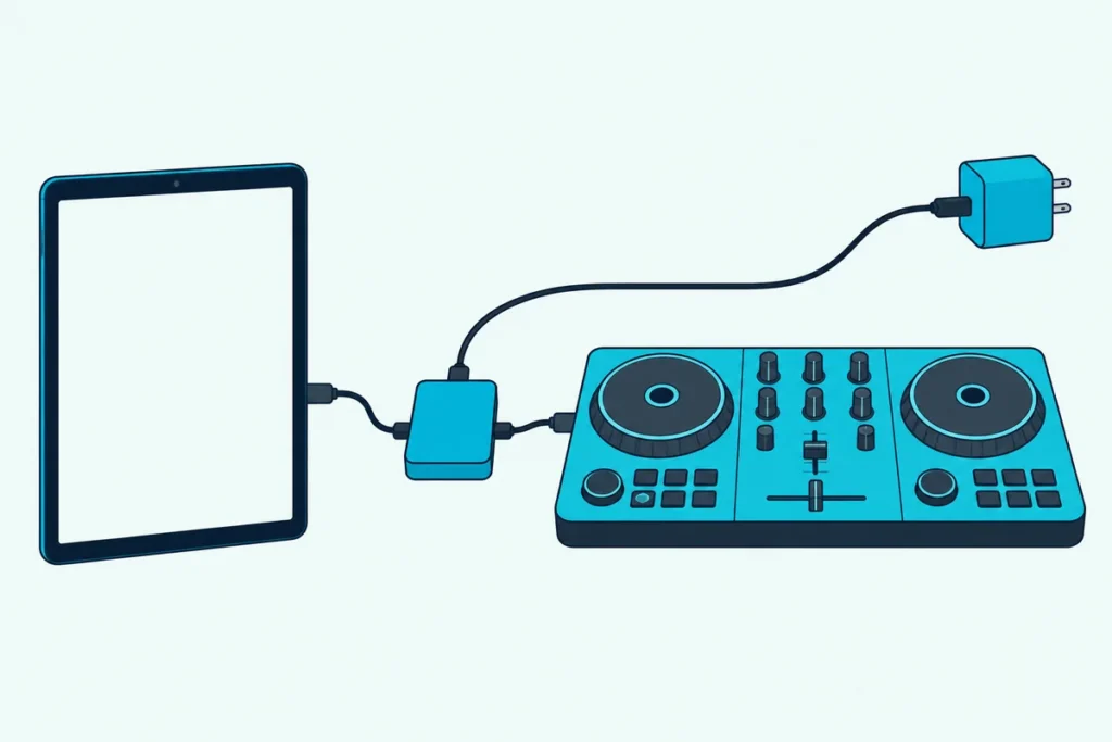 A tablet beside a DJ controller, joined through a small adapter box that also has a cable to a wall charger