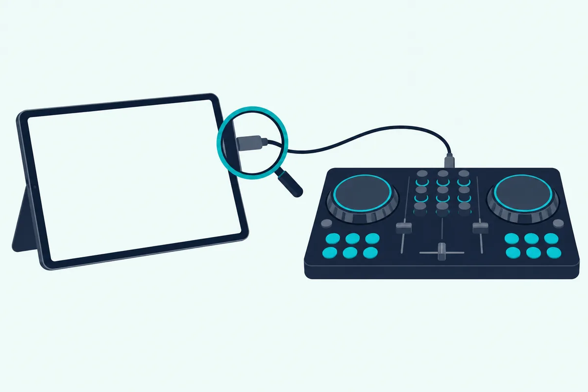 A tablet with a blank screen beside a lit DJ controller, with a magnifying glass over the cable plug at the tablet