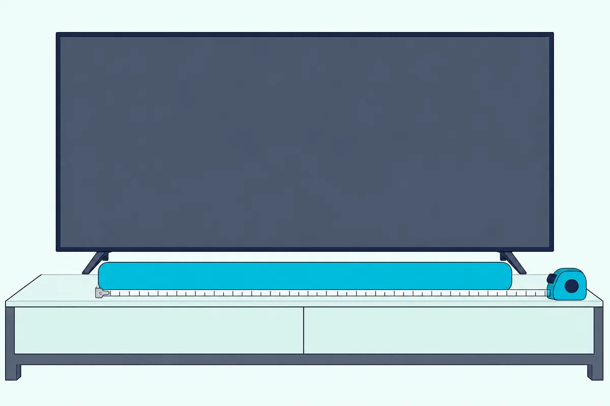 A tape measure stretched along the low stand under a blank TV with a soundbar in front of the TV's feet
