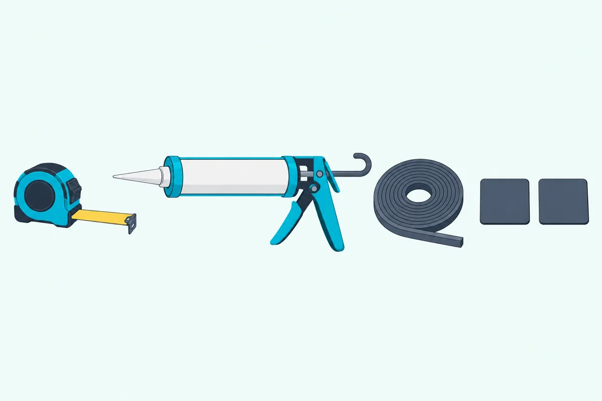 A tape measure, a caulk gun, a roll of weatherstrip and two rubber pads on a workbench
