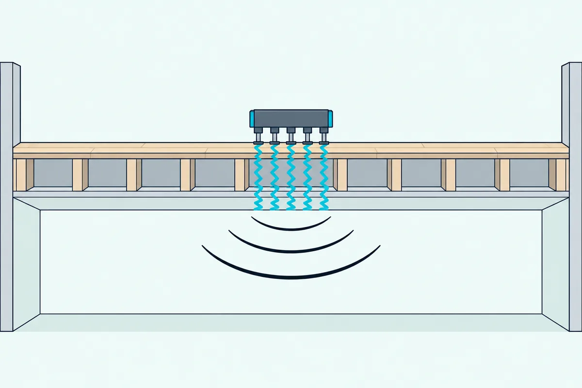 Tapping machine on an upper floor sending vibration down through the joists and out of the ceiling into the room below