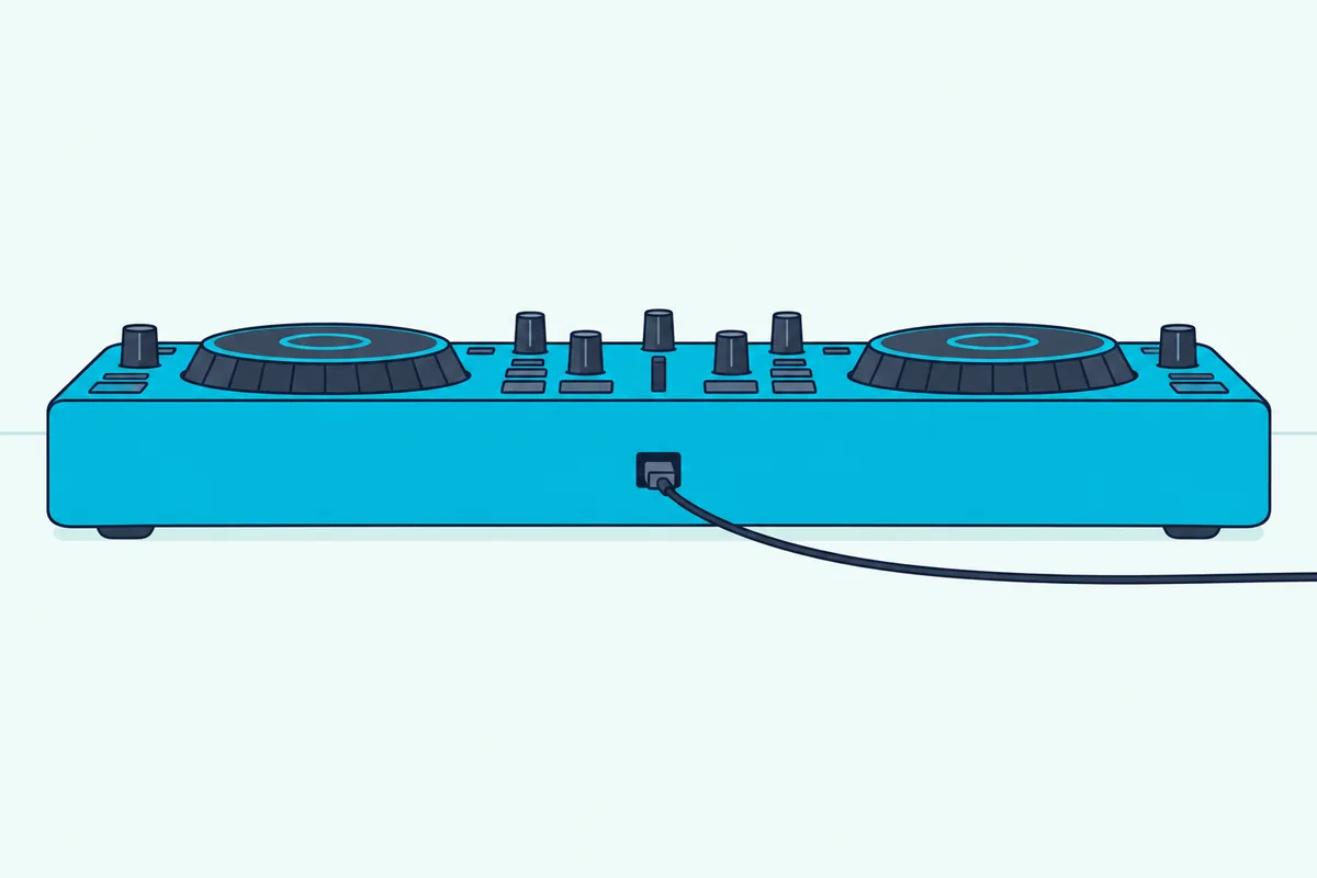 The back of a compact DJ controller with only a USB port and no audio output jacks, its USB cable running off to one side
