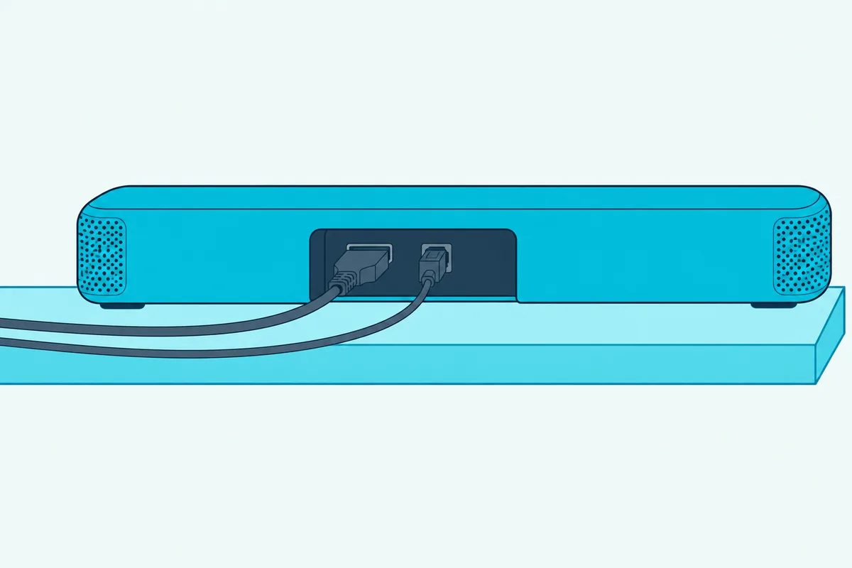 The back of a compact soundbar with an HDMI cable and an optical cable plugged into two ports