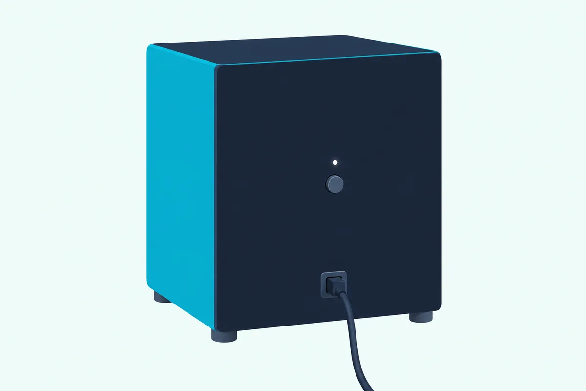 The back of a compact subwoofer with one small round button, a small glowing light above it and a power cord plugged in