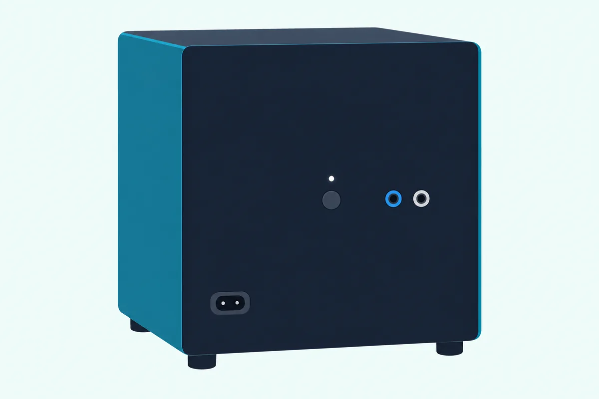 The back of a compact wireless subwoofer with a power socket, one button, a small light and blue and gray speaker jacks