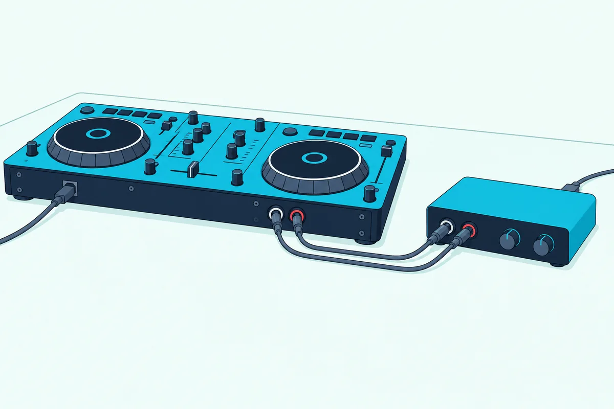 The back of a DJ controller with two cables running from its output jacks into the front inputs of a small audio interface