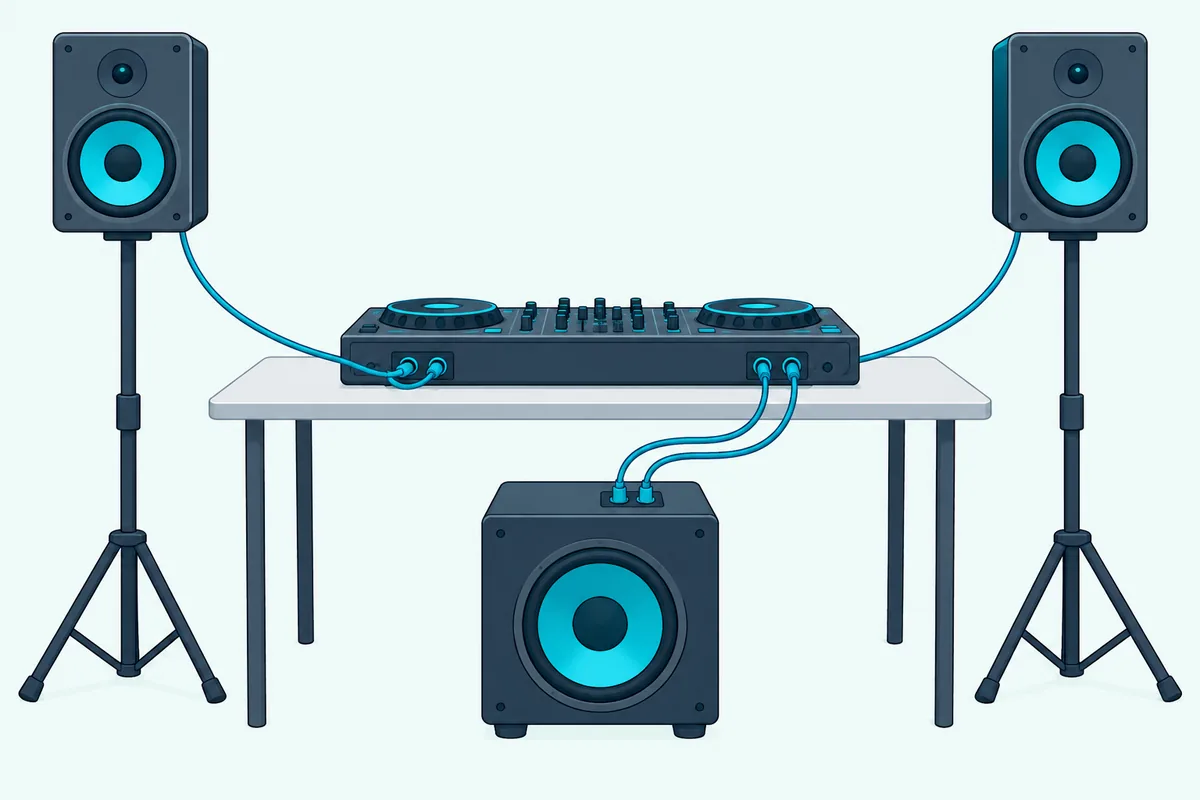 The back of a DJ controller with one pair of cables running to two speakers and a second pair running to a subwoofer