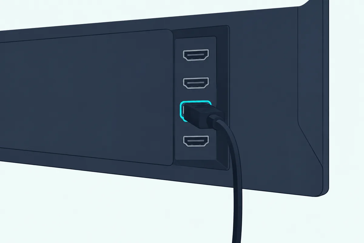 The back of a flat TV with a row of HDMI ports, one highlighted in teal, with an HDMI cable plugged into it