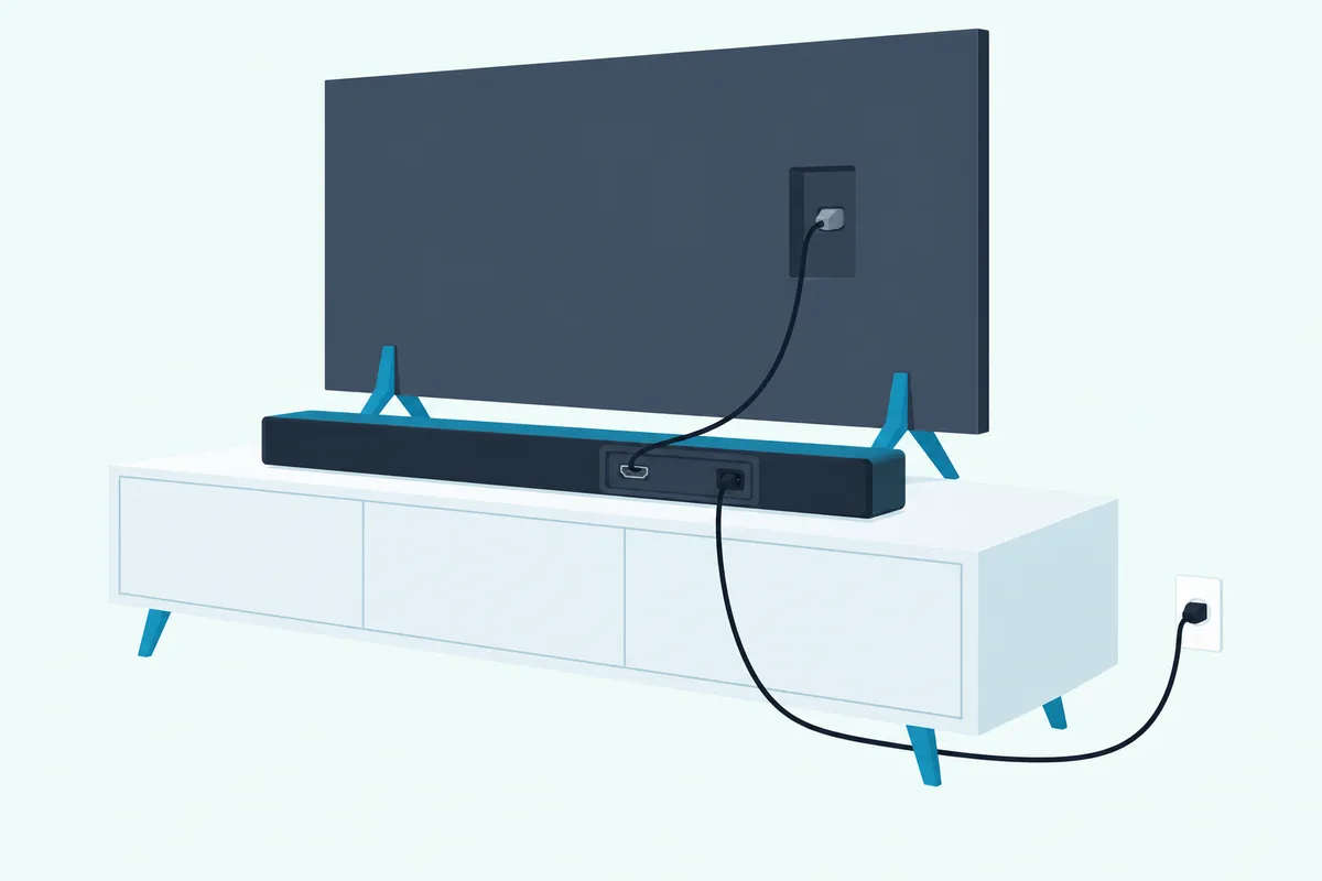The back of a slim soundbar on a TV stand with a power cord running to a wall outlet and an HDMI cable rising to the TV