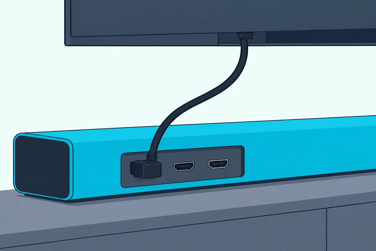 The back of a slim soundbar with one HDMI cable plugged in and running up to the back of a TV