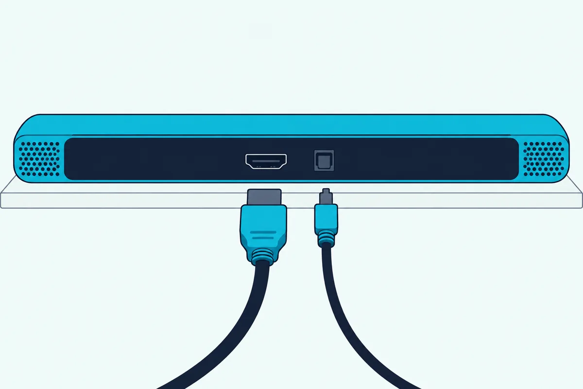 The back of a soundbar with a wide flat HDMI plug and a small square optical plug about to go into two unlabeled sockets