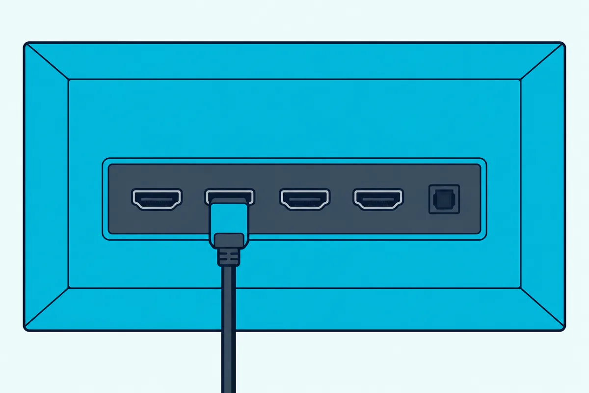 The back of a TV with a row of HDMI ports and an optical port, one HDMI cable plugged in