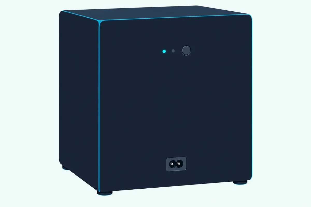 The back of a wireless soundbar subwoofer with only a power socket, two small indicator lights and one recessed button