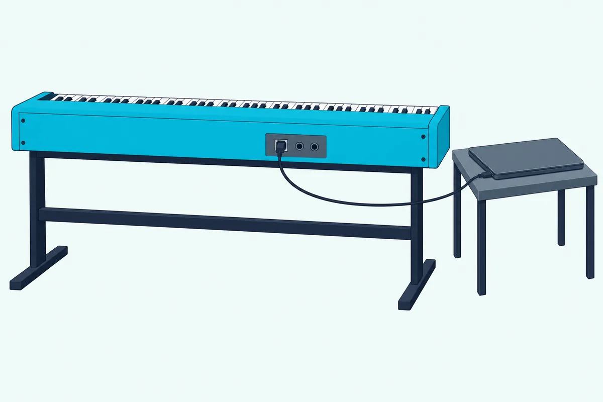 The back panel of a digital piano with a USB cable plugged into a square port and running to a closed laptop beside it