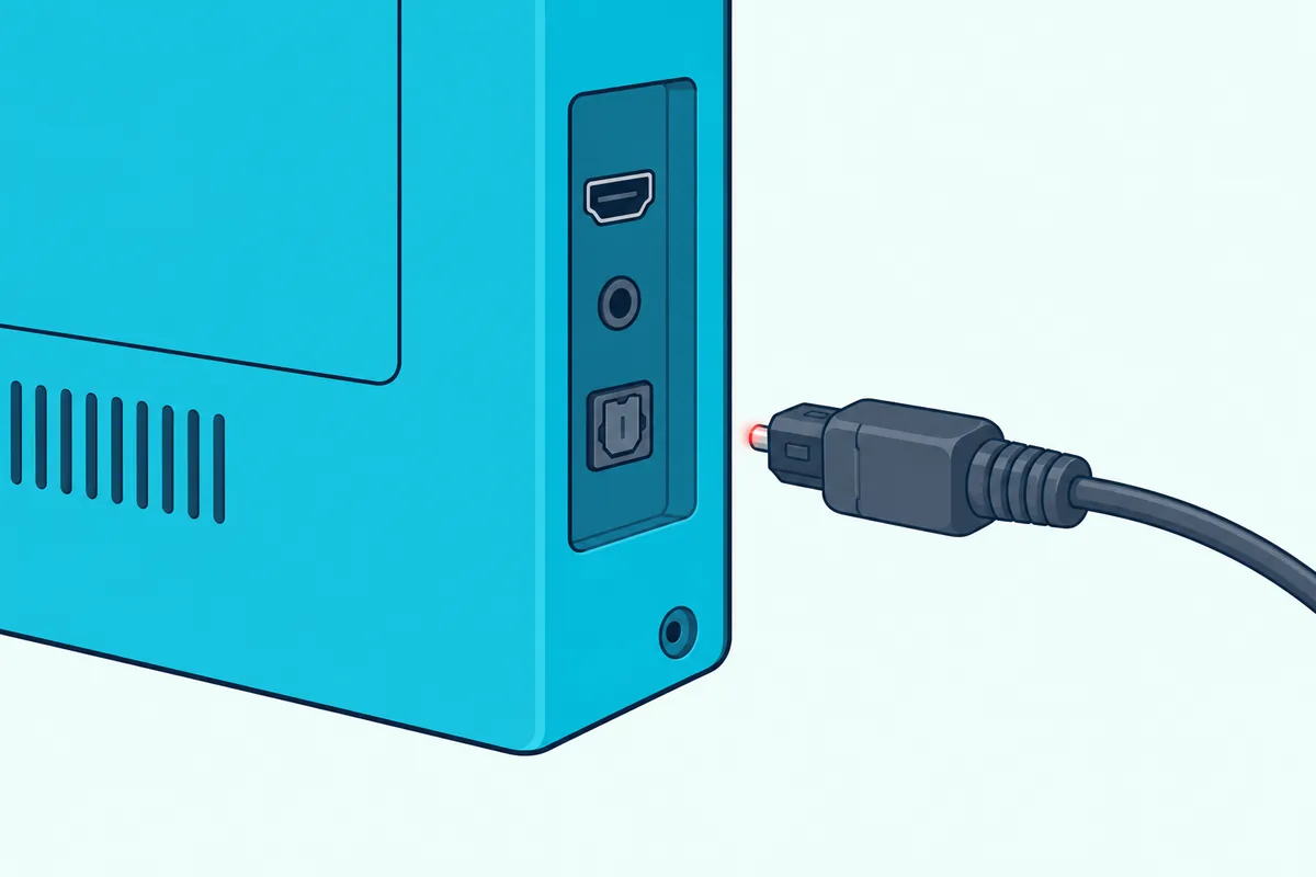 The back panel of a flat TV with a small square optical port and a cable plug glowing red at its tip