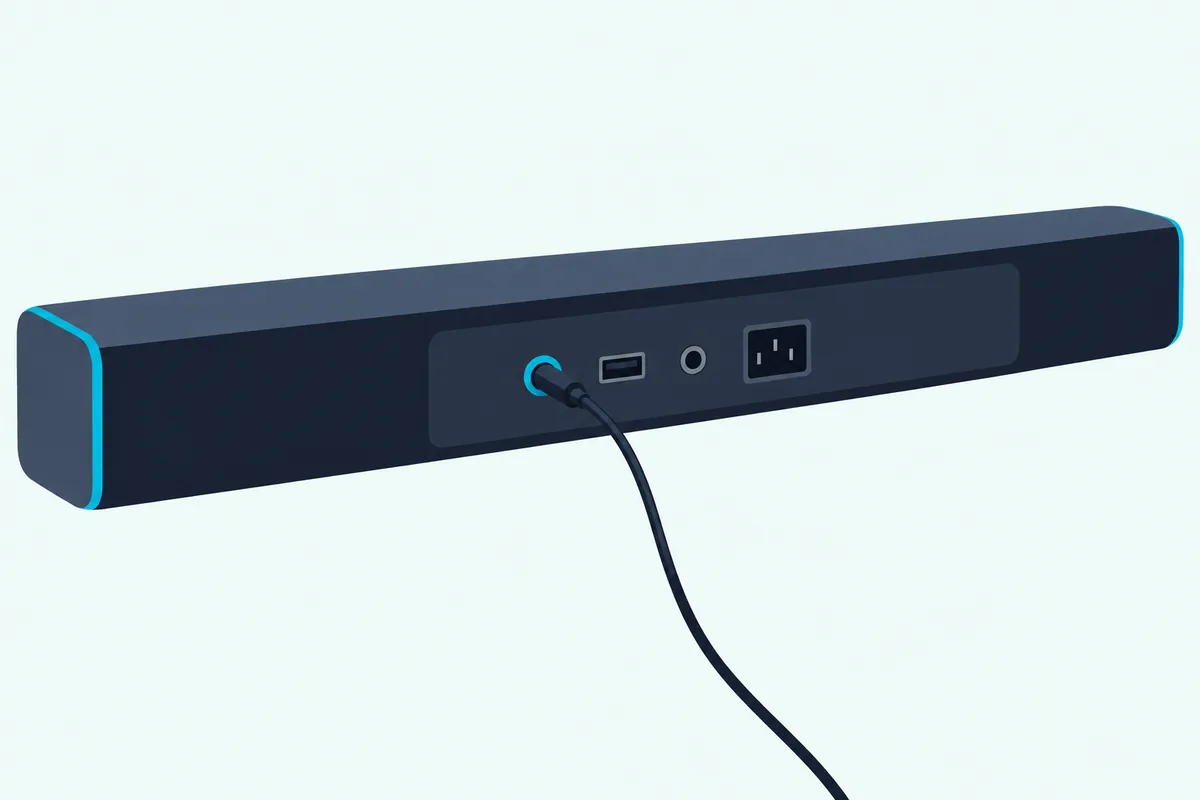 The back panel of a slim soundbar with a single round jack and one cable plugged into it, beside two empty sockets