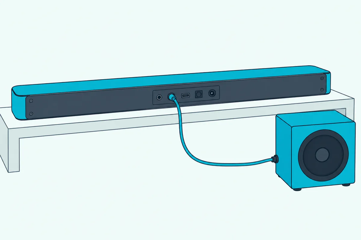 The back panel of a soundbar with a short cable running from one socket to a small cube subwoofer on the floor