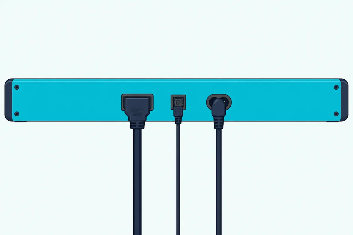 Back panel of a soundbar with an HDMI cable, a thin optical cable and a power cord plugged into its ports