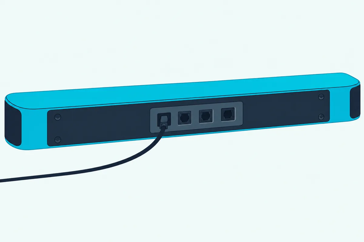 The back panel of a soundbar with one thin optical cable plugged into a small port among several other empty ports