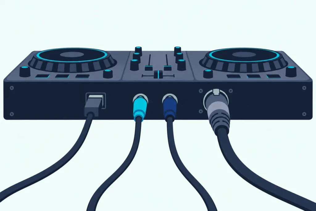 The back panel of a two-deck DJ controller with a USB cable, an RCA cable pair and an XLR cable plugged in
