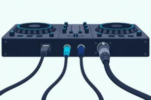 The back panel of a two-deck DJ controller with a USB cable, an RCA cable pair and an XLR cable plugged in