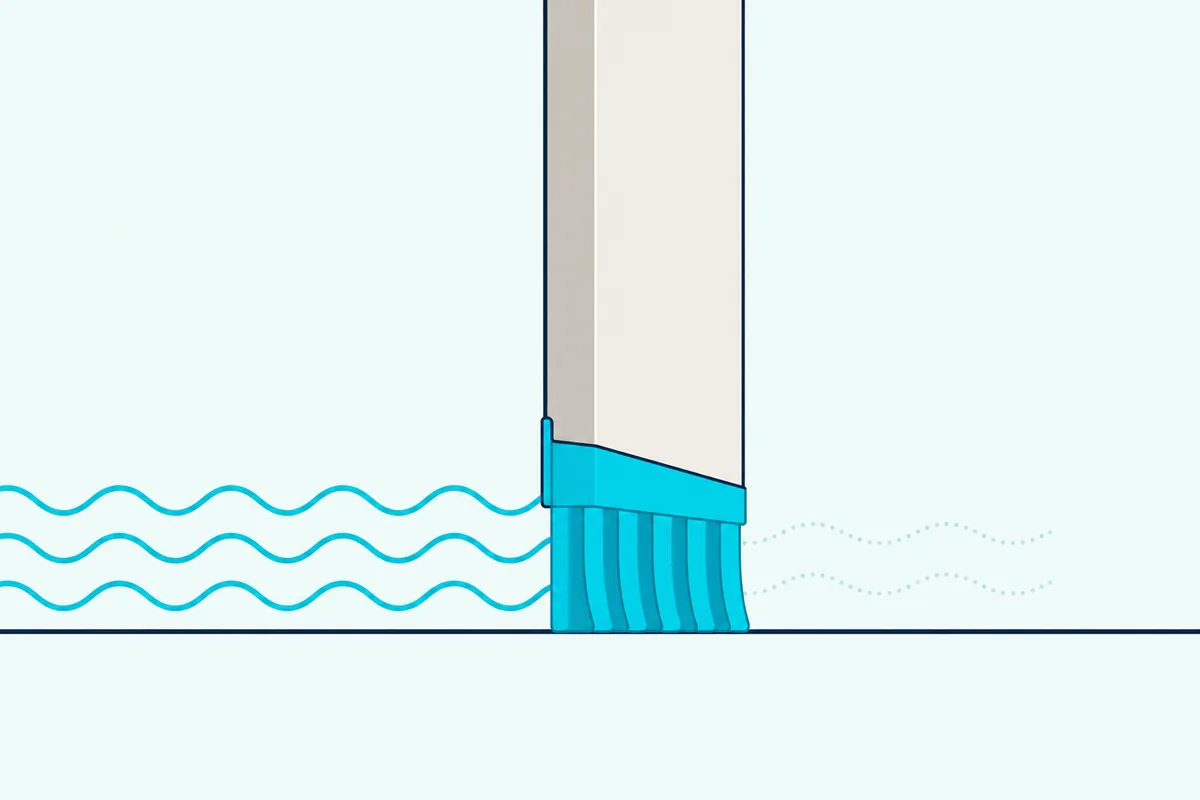 A finned silicone strip on the bottom of a door closing the gap to the floor and stopping sound lines
