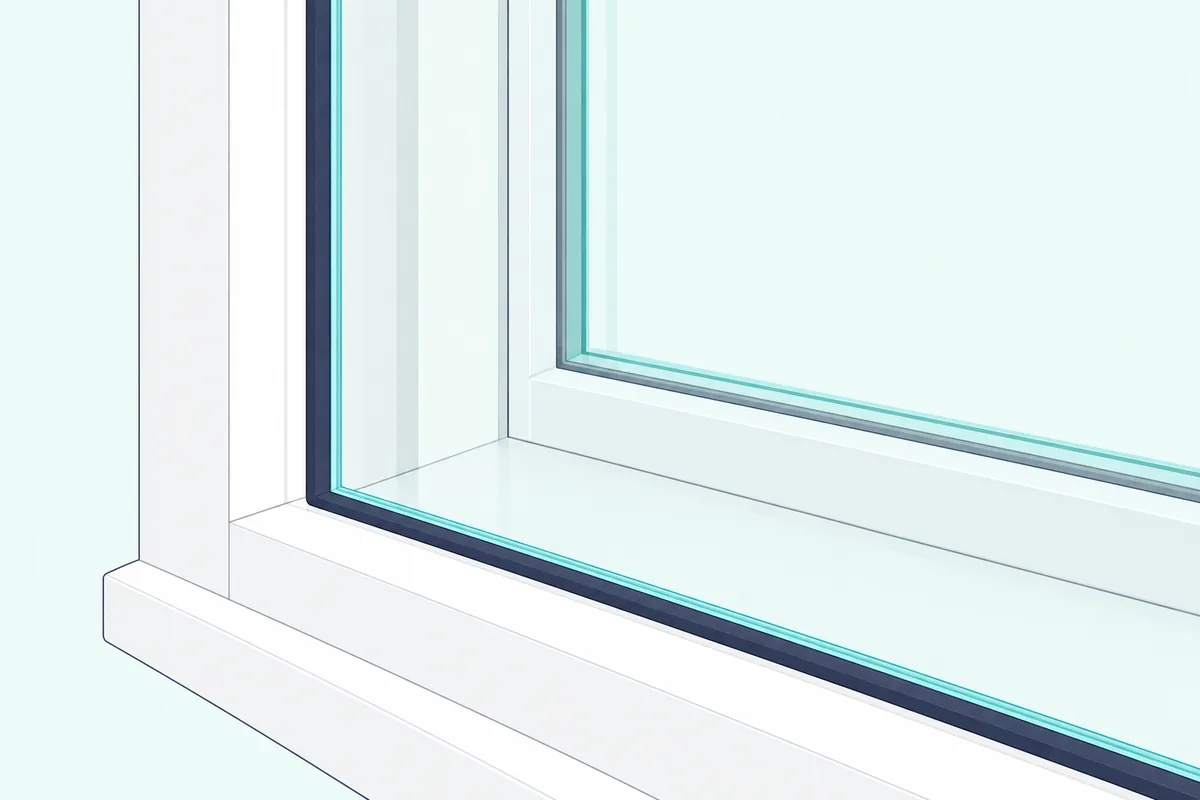 A close view of the edge of a clear acrylic pane seated in a dark foam seal on a white window frame, old glass behind it
