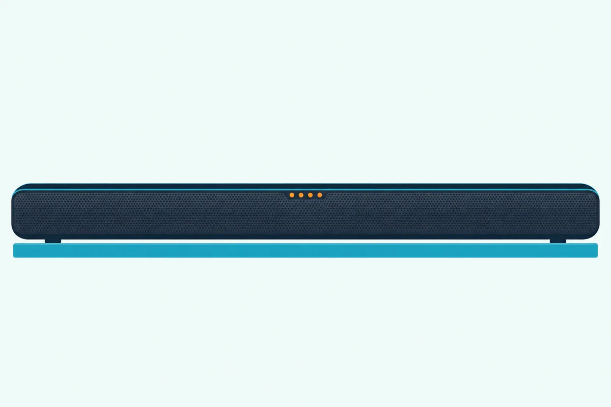 The front edge of a slim soundbar with a row of five small round status lights all glowing orange