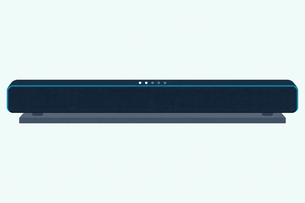 The front edge of a slim soundbar with a row of five small round status lights, two of them glowing white
