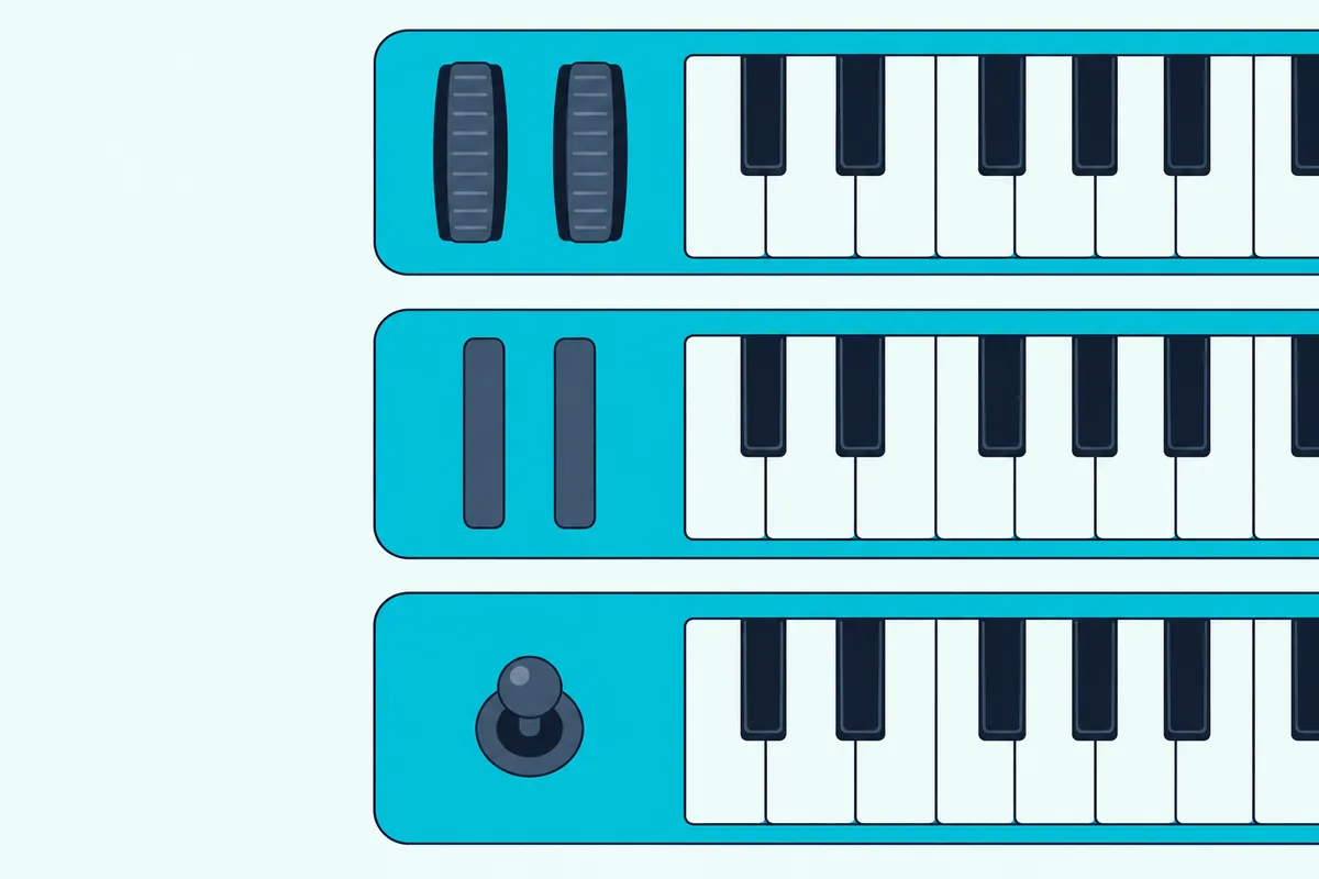 The left ends of three small MIDI keyboards, one with two wheels, one with two flat touch strips and one with a joystick