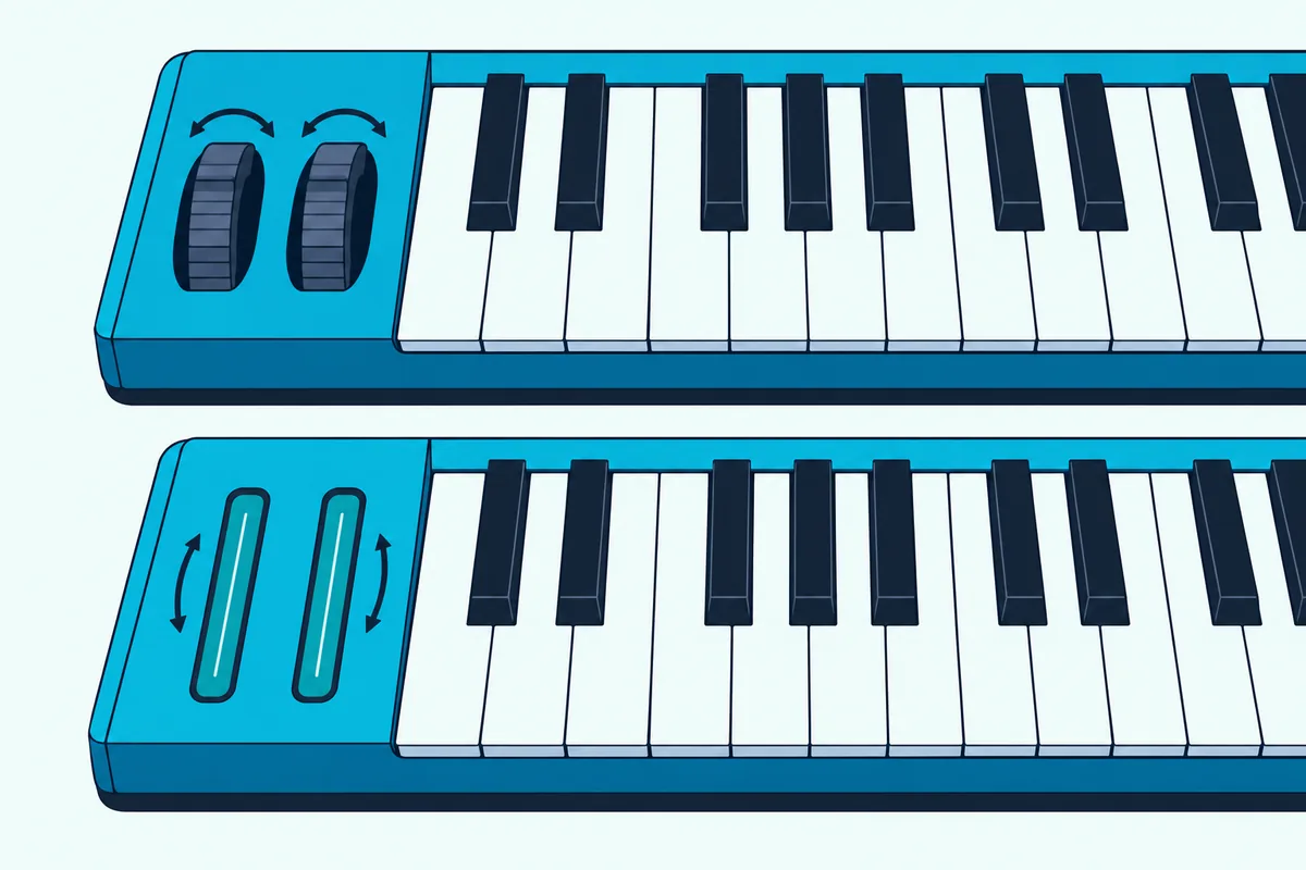 The left ends of two keyboards, one with round pitch and mod wheels and one with flat touch strips