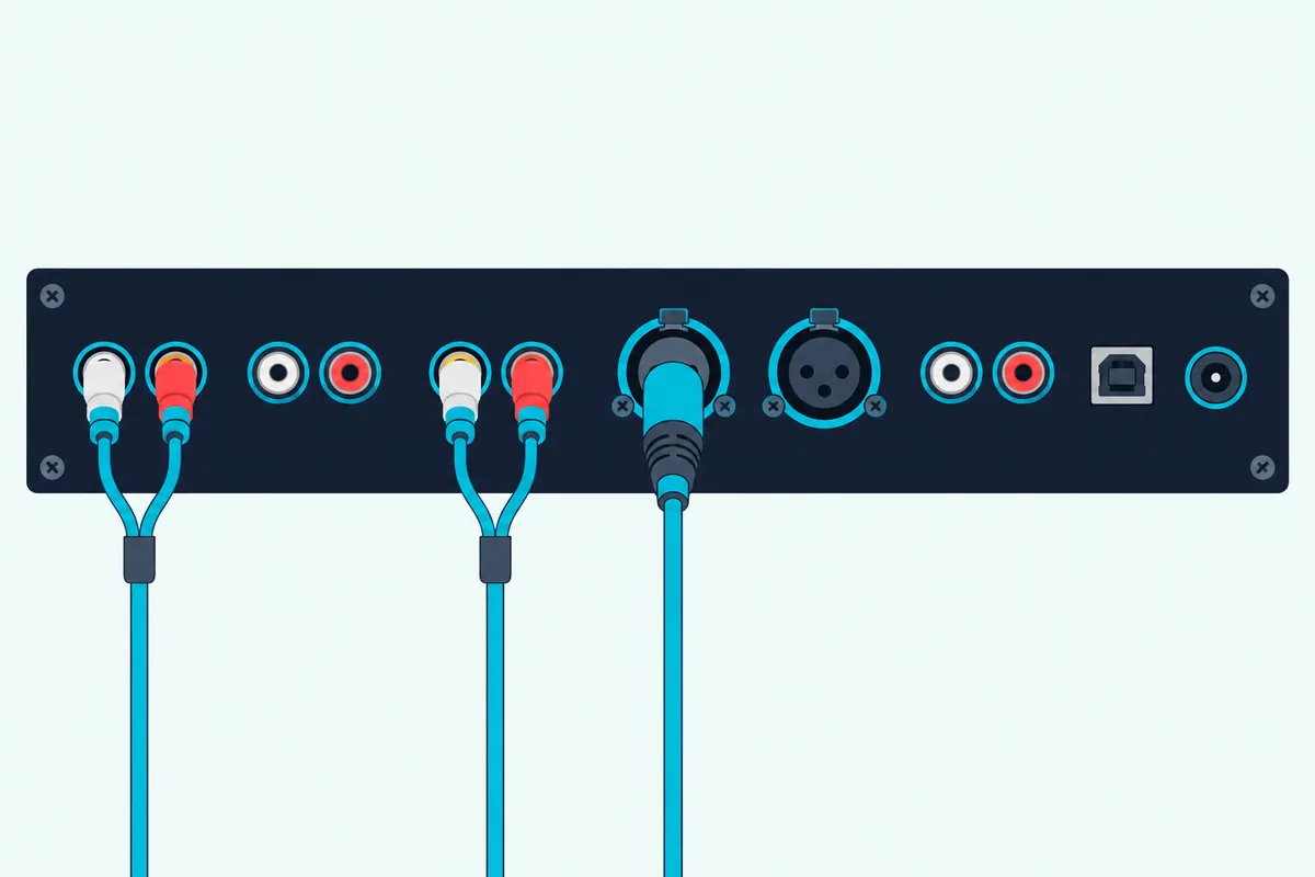 The rear panel of a two-channel DJ mixer with round RCA sockets, two XLR sockets and a USB socket, cables plugged in