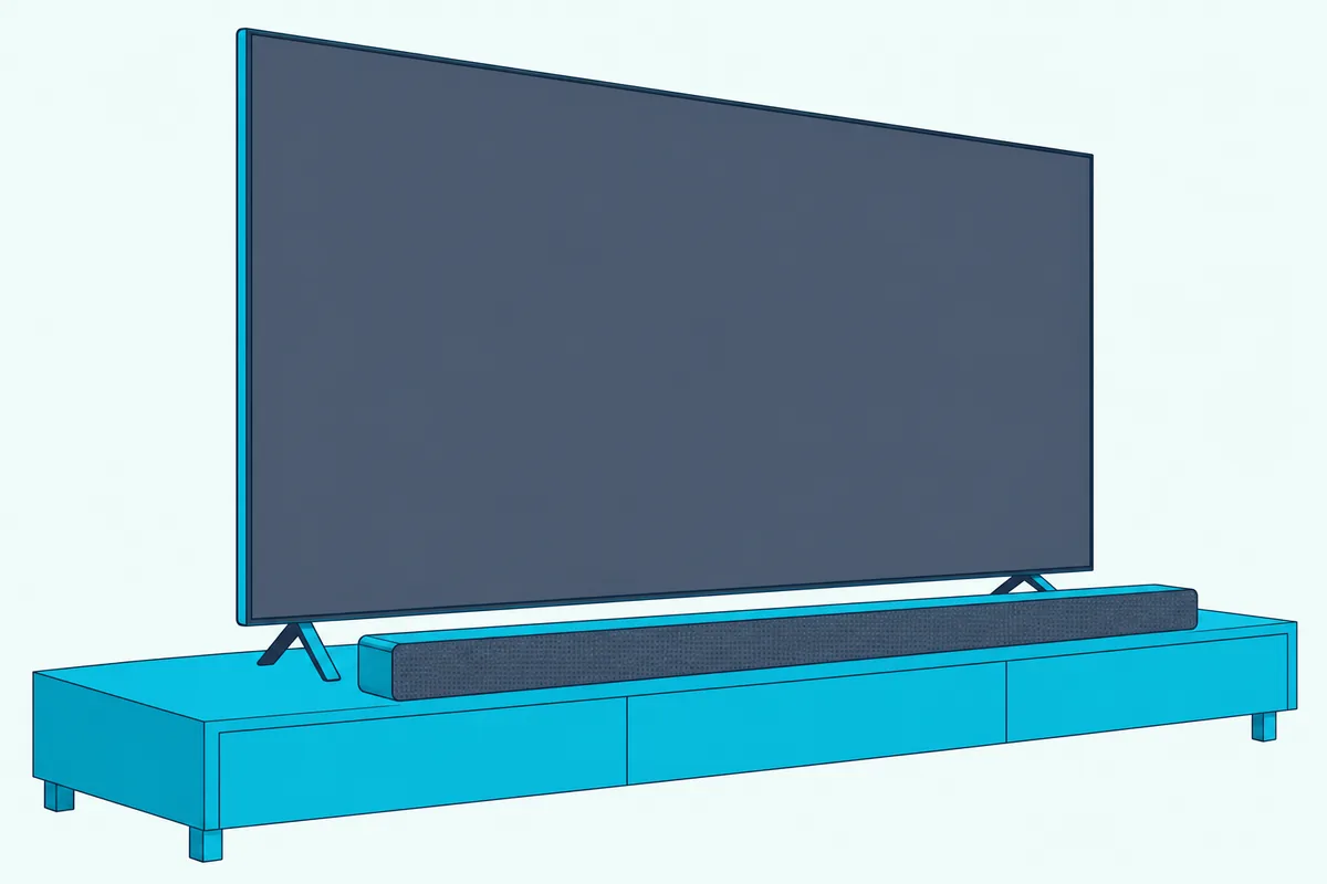 Thin flat TV on a low stand with a slim soundbar resting in front of its base