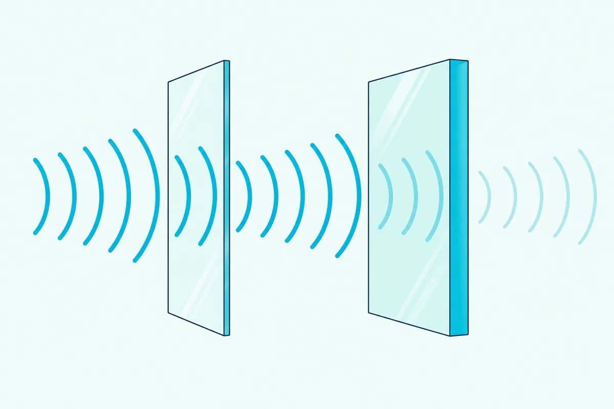 A thin glass pane with sound waves passing through beside a thick pane where the waves fade
