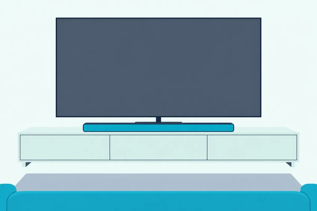 Thin OLED TV on a low console with a slim soundbar below it, a little narrower than the screen