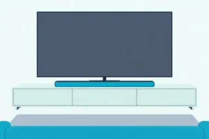 Thin OLED TV on a low console with a slim soundbar below it, a little narrower than the screen