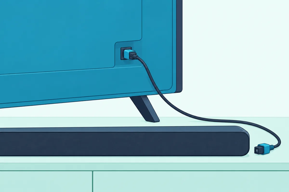 Thin optical audio cable plugged into the digital audio jack on the back of a TV, its loose plug lying on a console