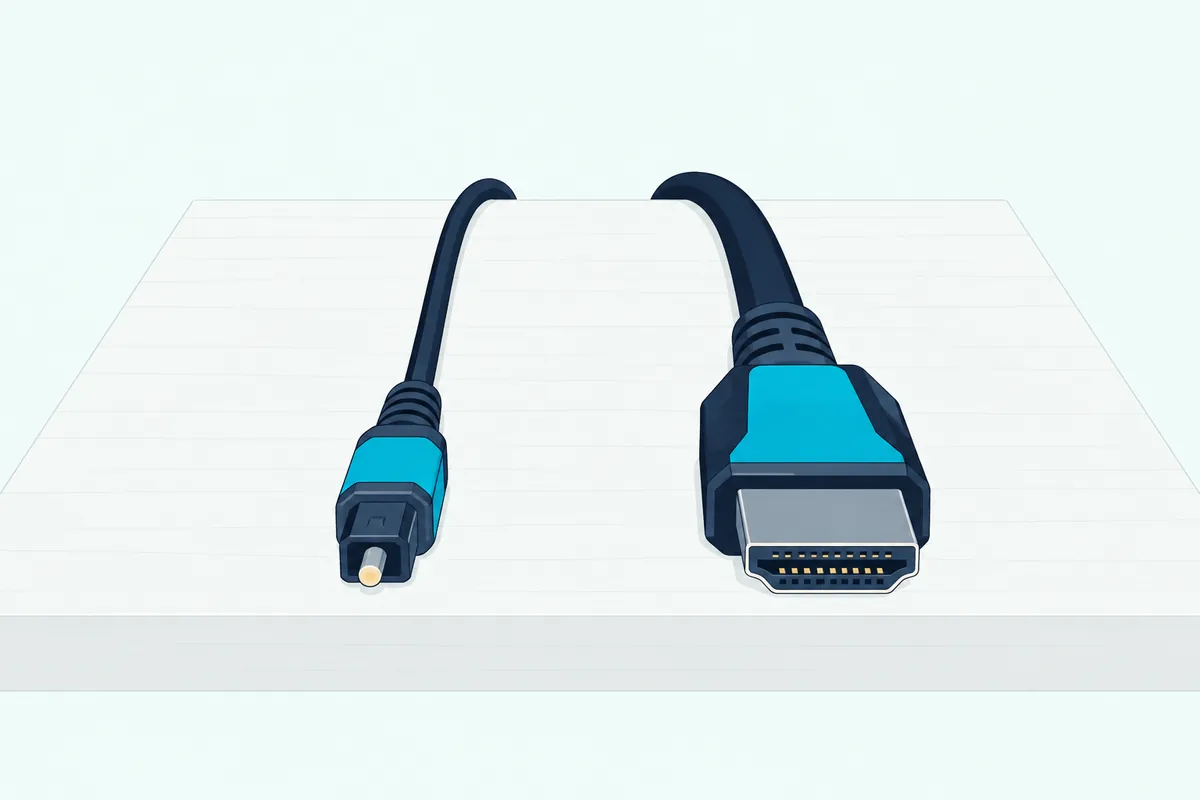 Thin optical cable and a thicker HDMI cable lying side by side on a light shelf with their plugs pointing the same way
