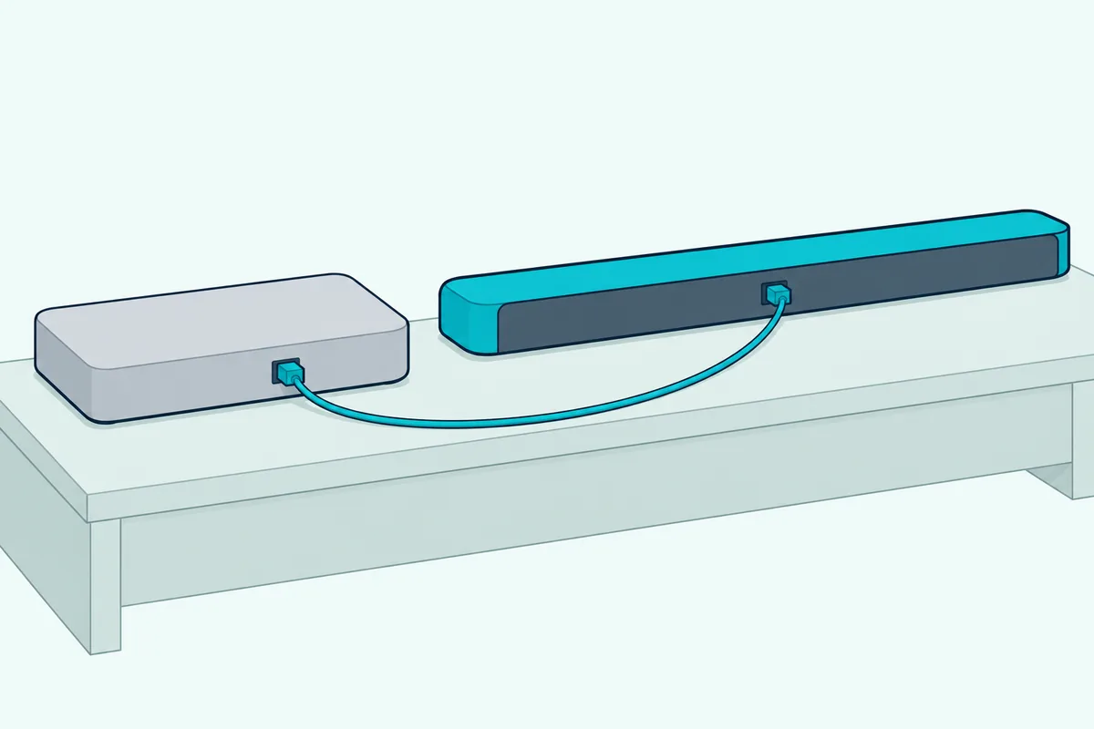 Thin optical cable from the back of a plain game console box to the optical input of a soundbar on a low stand