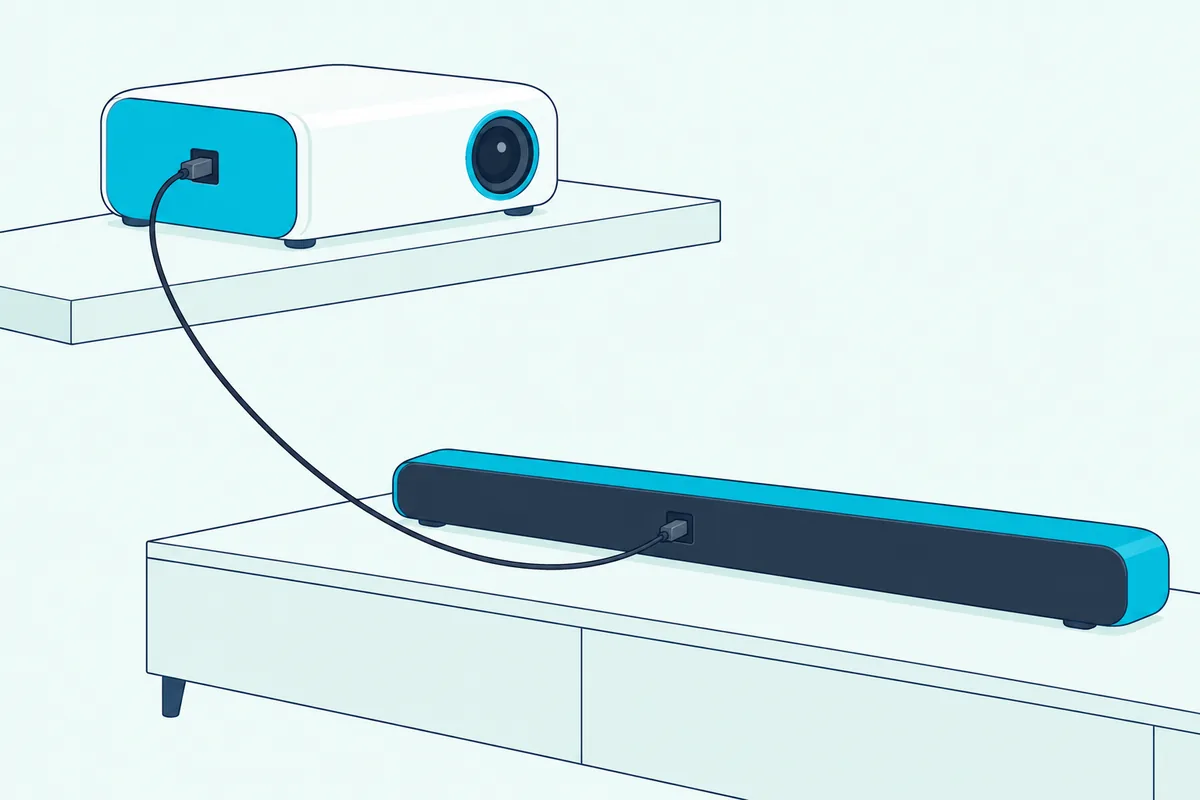Thin optical cable running from the back of a projector on a shelf to the optical input of a soundbar