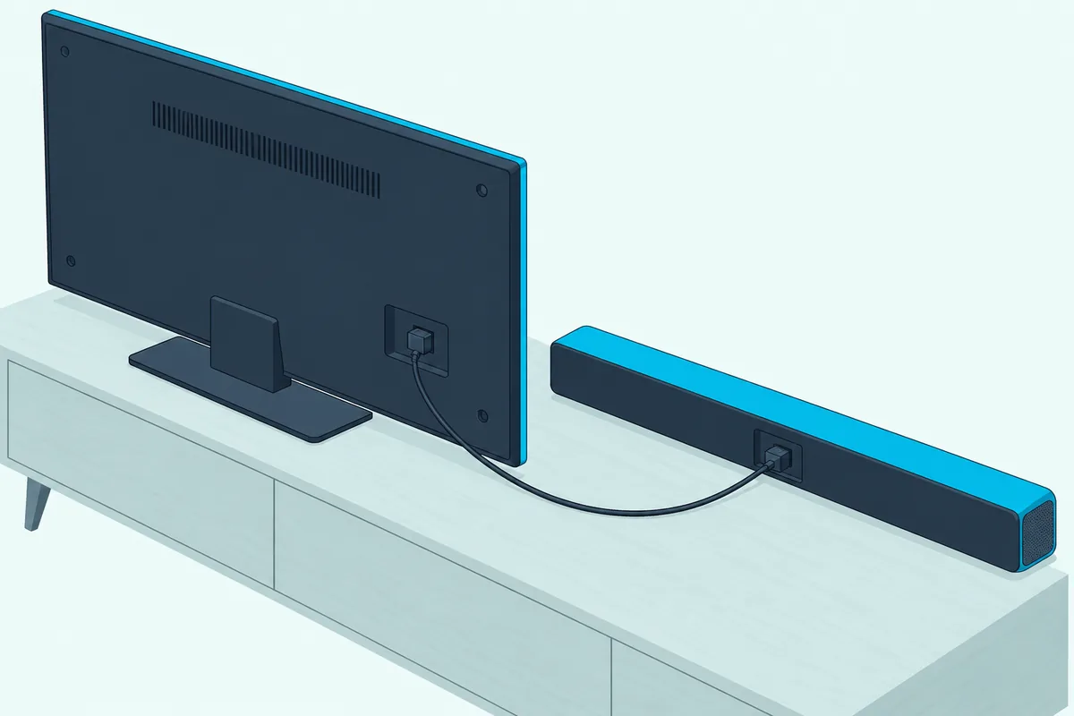 Thin optical cable running from the back panel of a TV to the optical input on the back of a soundbar