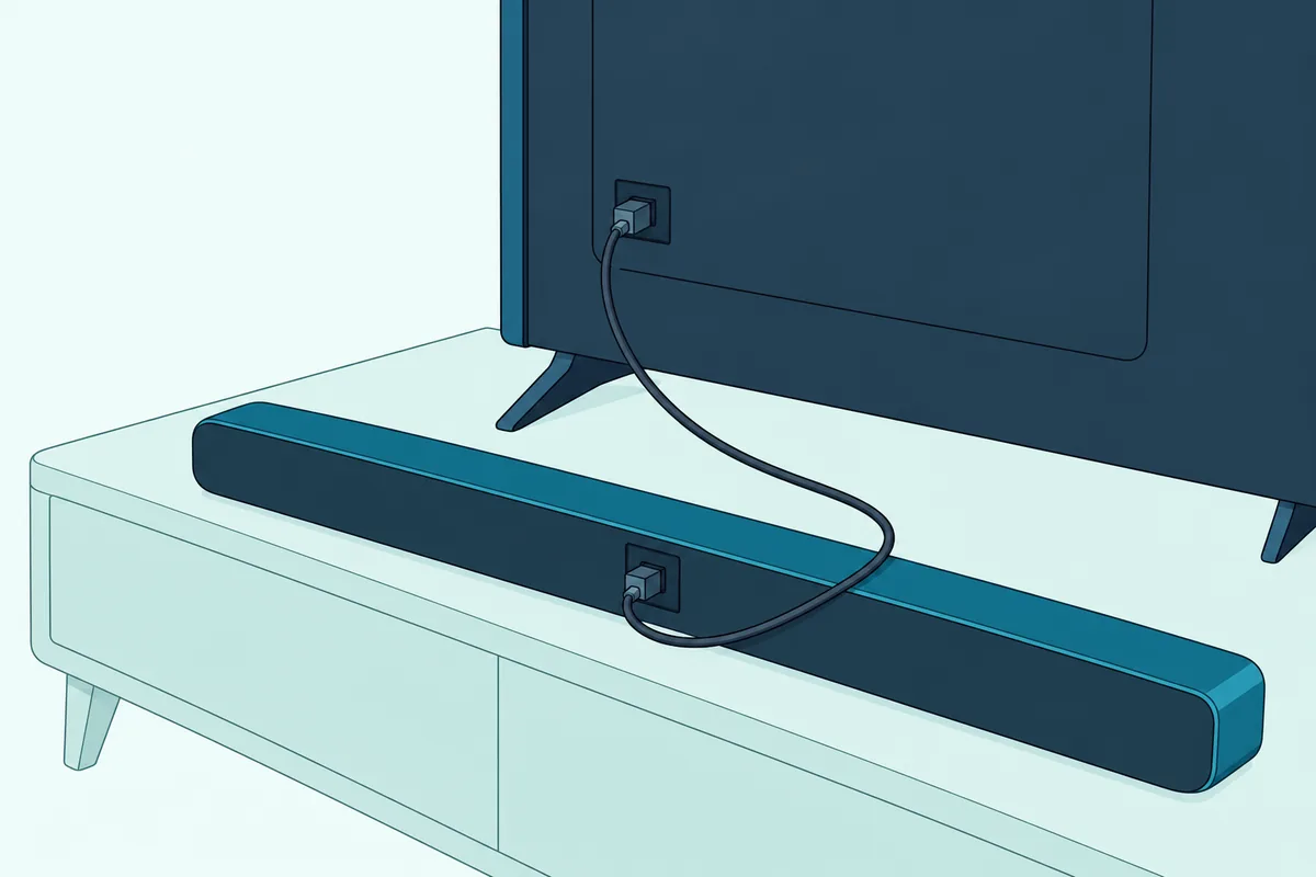 Thin optical cable running from the digital audio out jack on the back of a TV to the optical input of a soundbar below it