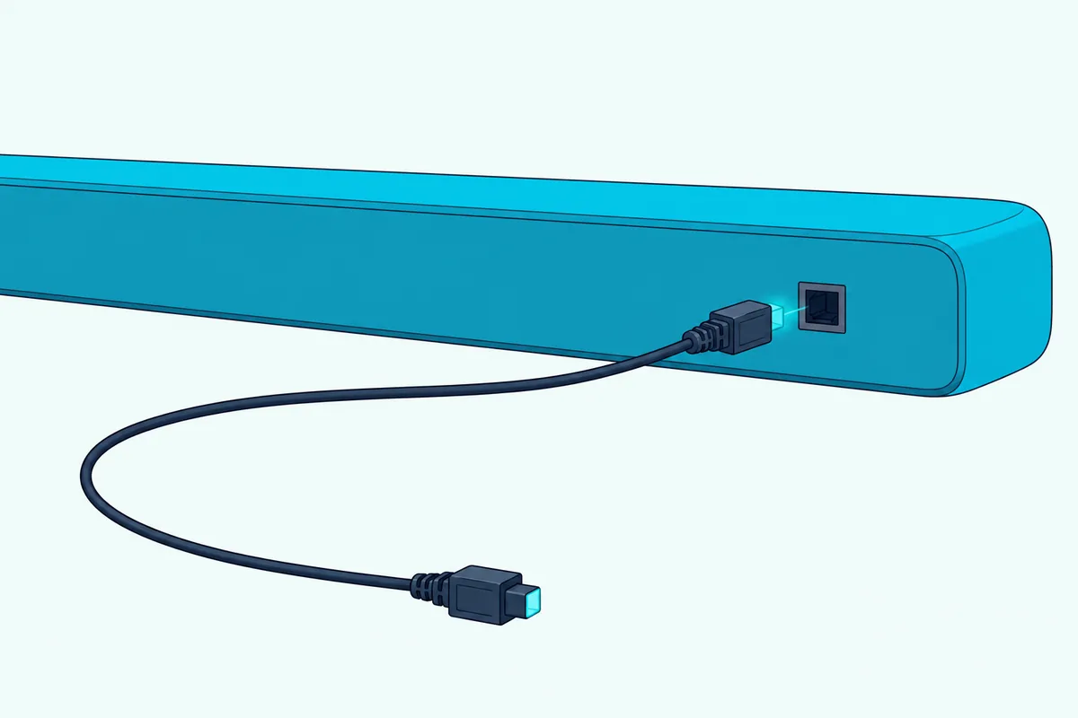 Thin optical cable with its small square plug about to go into a slim soundbar's square socket