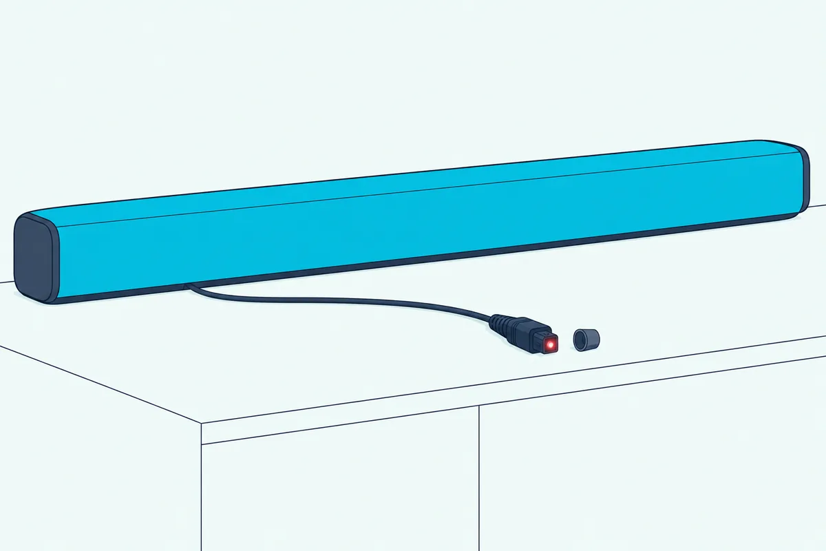 Thin optical cable on a TV cabinet beside a slim soundbar, its plug tip glowing faintly red and its small cap set aside