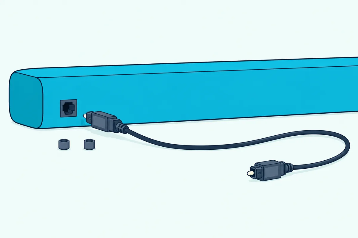 Thin optical cable with both small plastic caps removed lying beside a slim soundbar's plain square socket