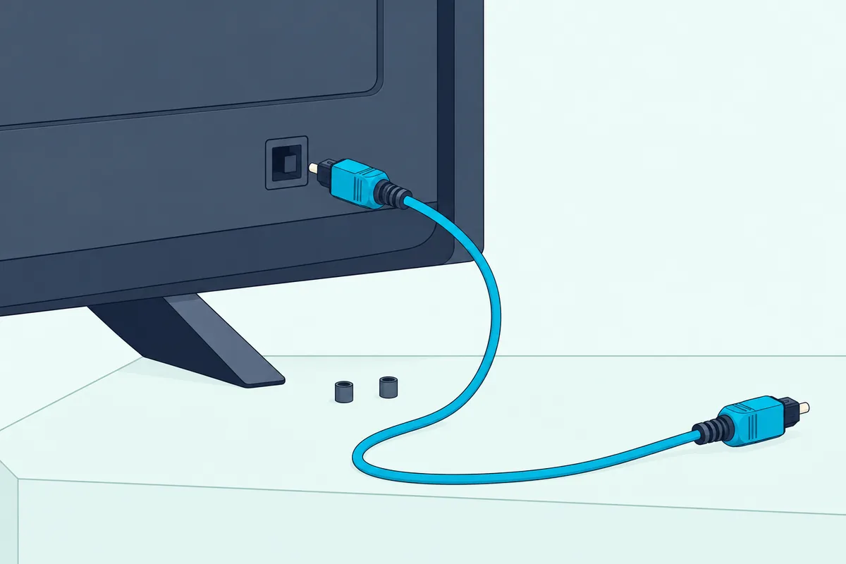 Thin optical cable with its two small plastic caps removed lying beside the digital audio out jack of a TV