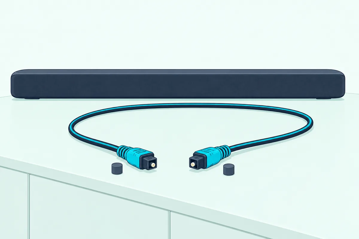 Thin optical cable with two small square plugs and their loose caps lying on a console in front of a slim soundbar